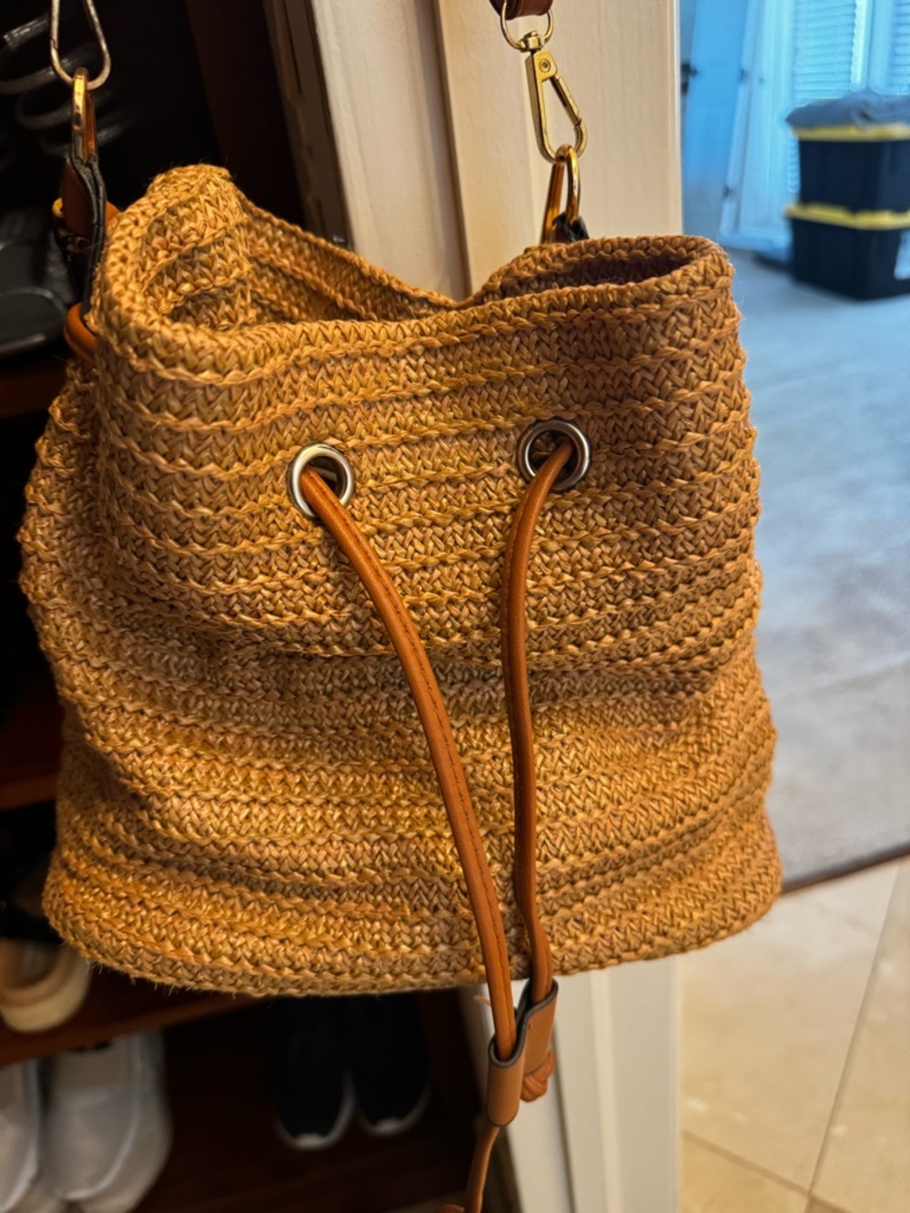 Handwoven Straw Bucket Bag in Tan